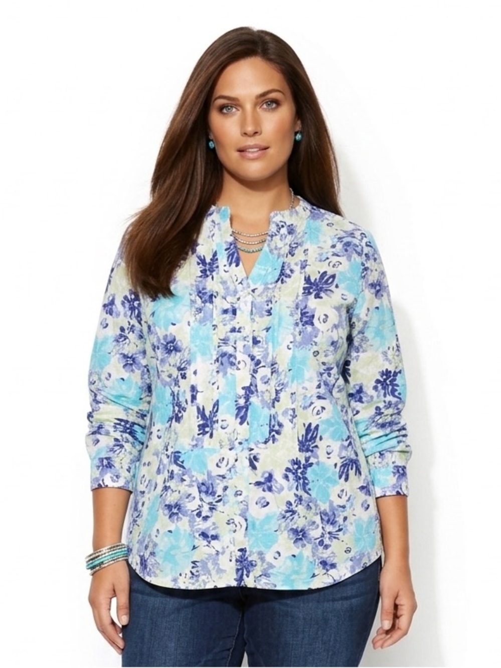 WOMAN WITHIN Linen Rayon Pintucked Tunic Top Cottagecore floral